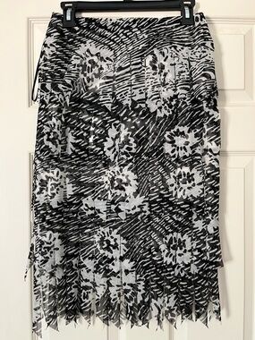 Tadashi Shoji Vintage Black & White Fringe Mesh Midi Skirt